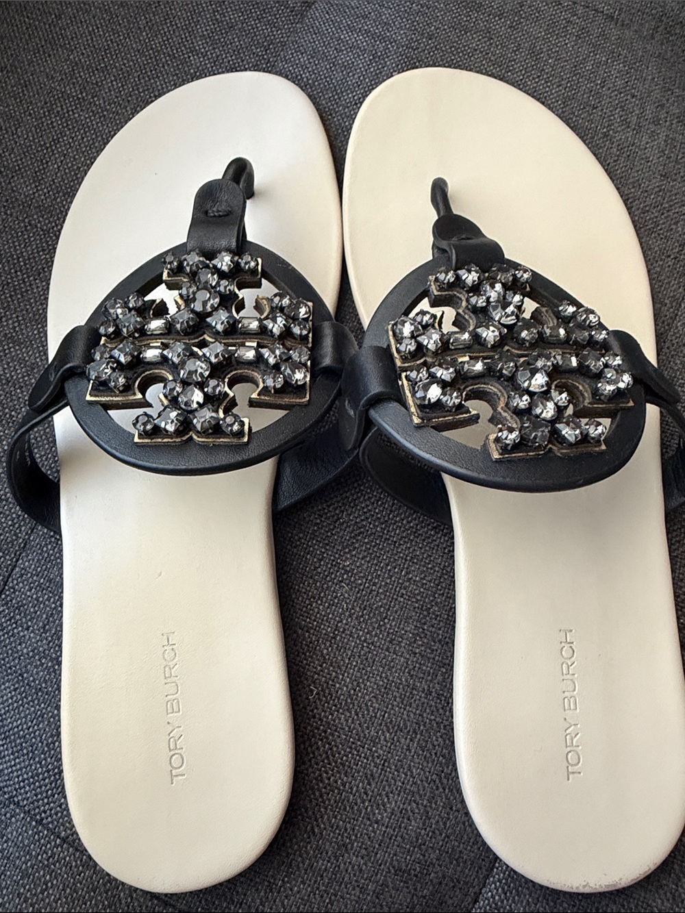 Tory Burch Black Jeweled Logo Thong Sandals with Cream Footbed - Picture 4 of 7
